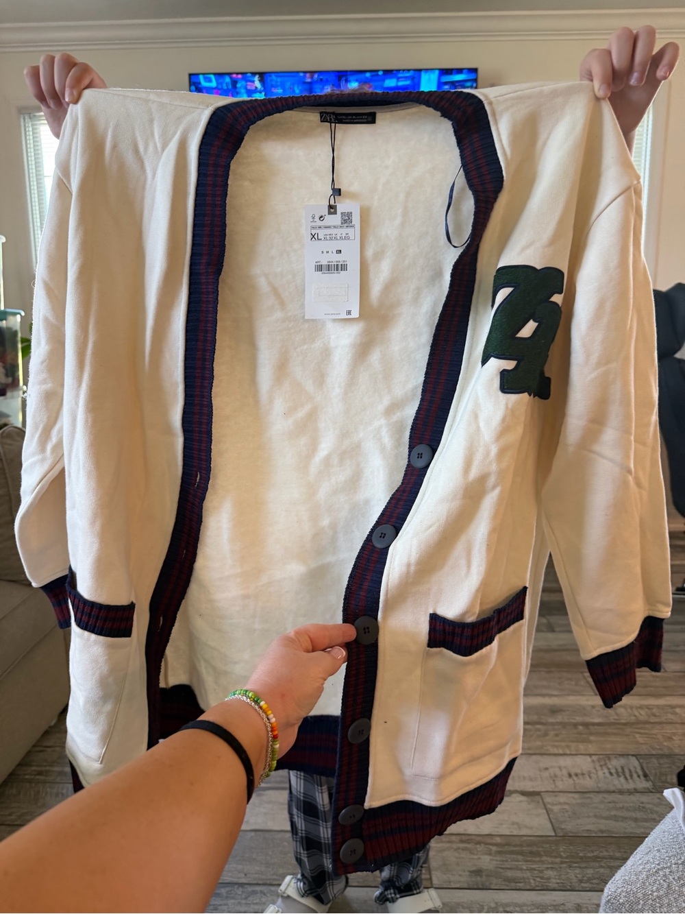 Zara Cream Knit Buttoned Cardigan with Green Patch
